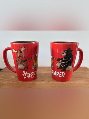 Lazy One “Happy Camper” Red 12oz Mug Set Bear & Moose Roasting Marshmallows